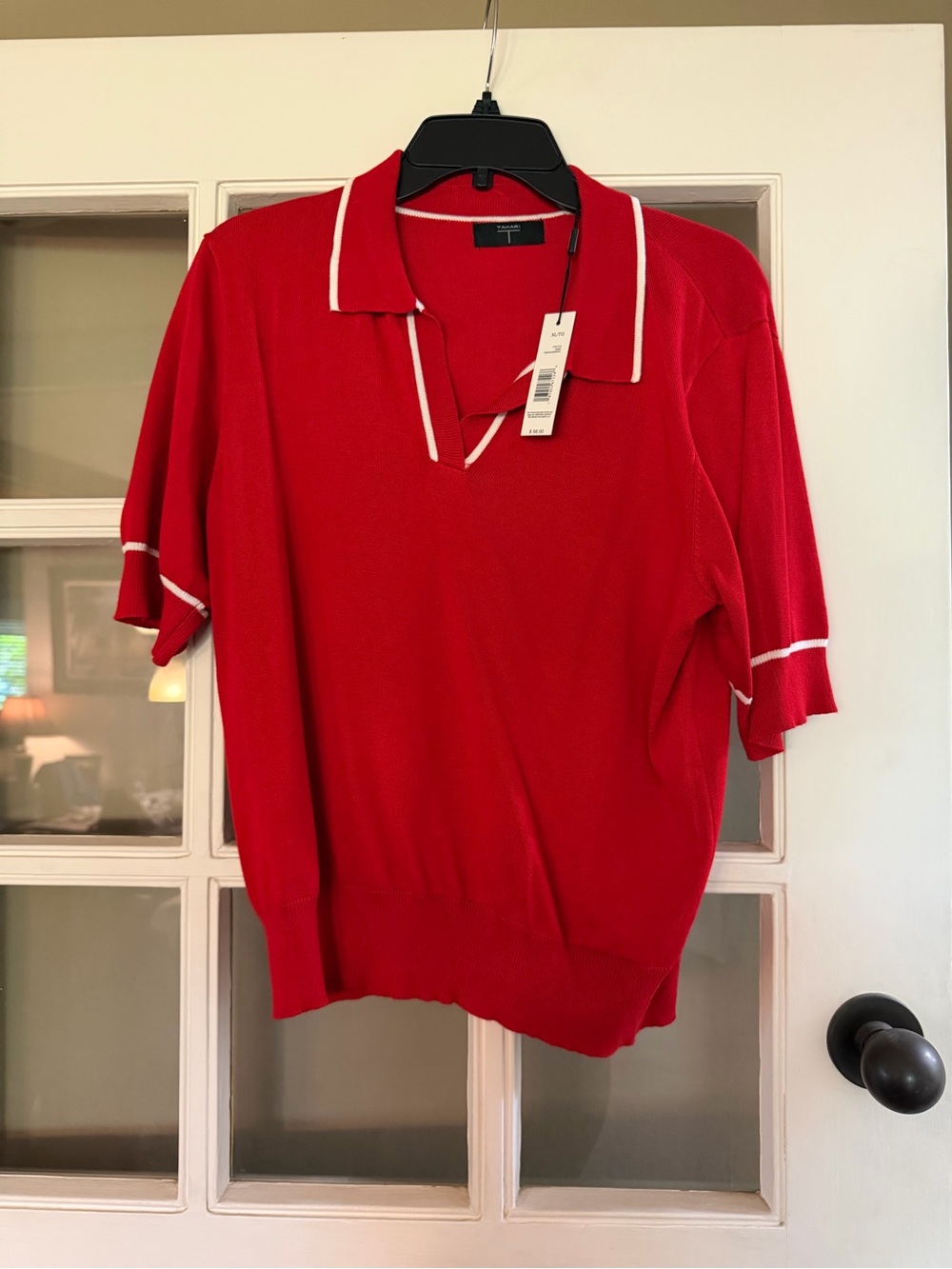 Tahari Red V-Neck Polo Sweater with White Trim